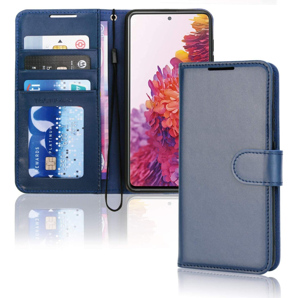 TECHGEAR Galaxy S20 FE Leather Wallet Case, Flip Protective Case Cover with Wallet Card Holder, Stand and Wrist Strap - Blue PU...