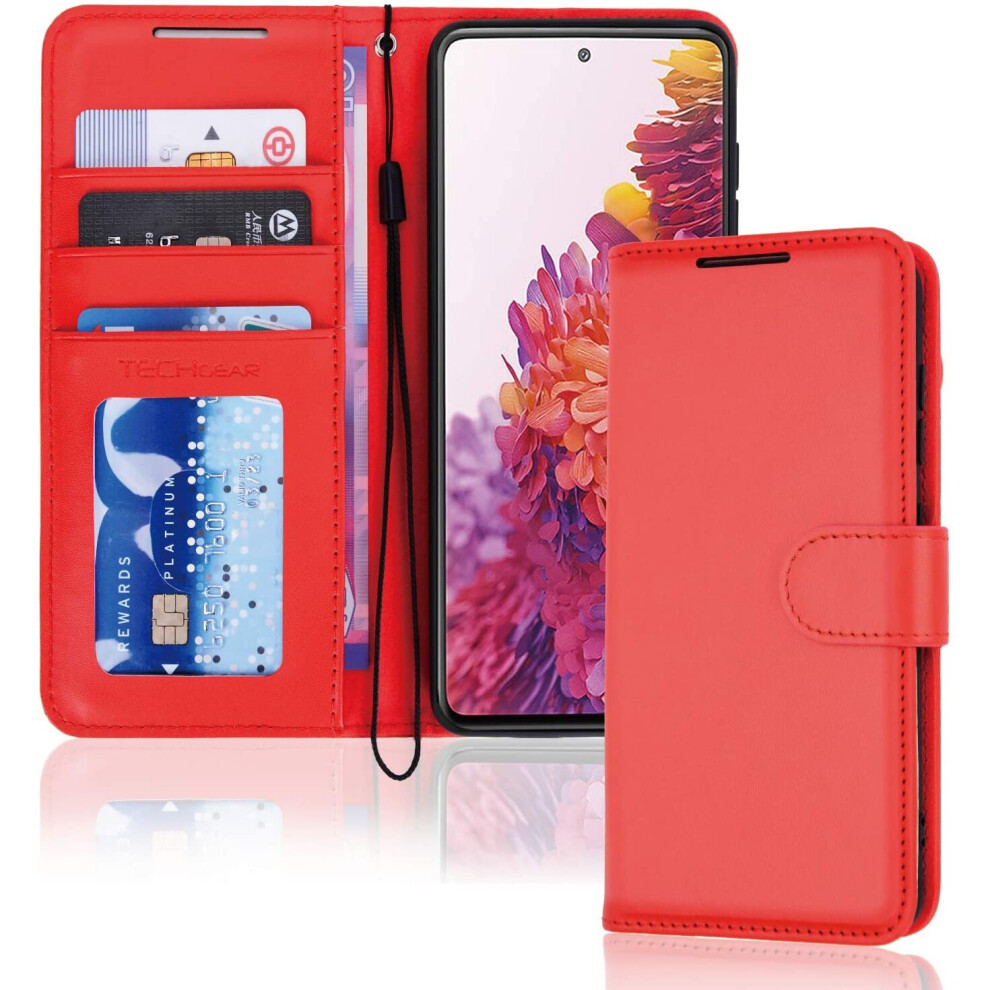 TECHGEAR Galaxy S20 FE Leather Wallet Case, Flip Protective Case Cover with Wallet Card Holder, Stand and Wrist Strap - Red PU...