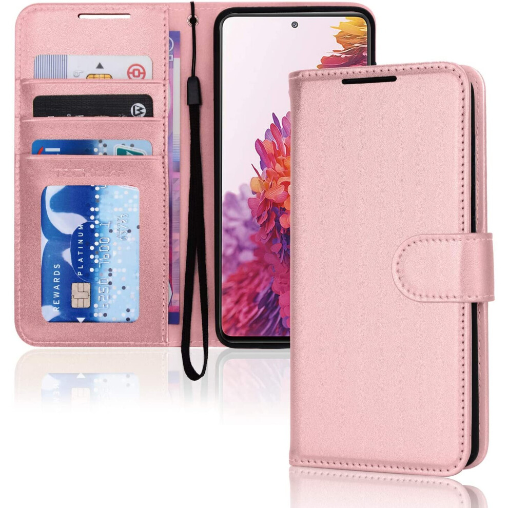 TECHGEAR Galaxy S20 FE Leather Wallet Case, Flip Protect Case Cover with Wallet Card Holder, Stand and Wrist Strap - Rose Gold...