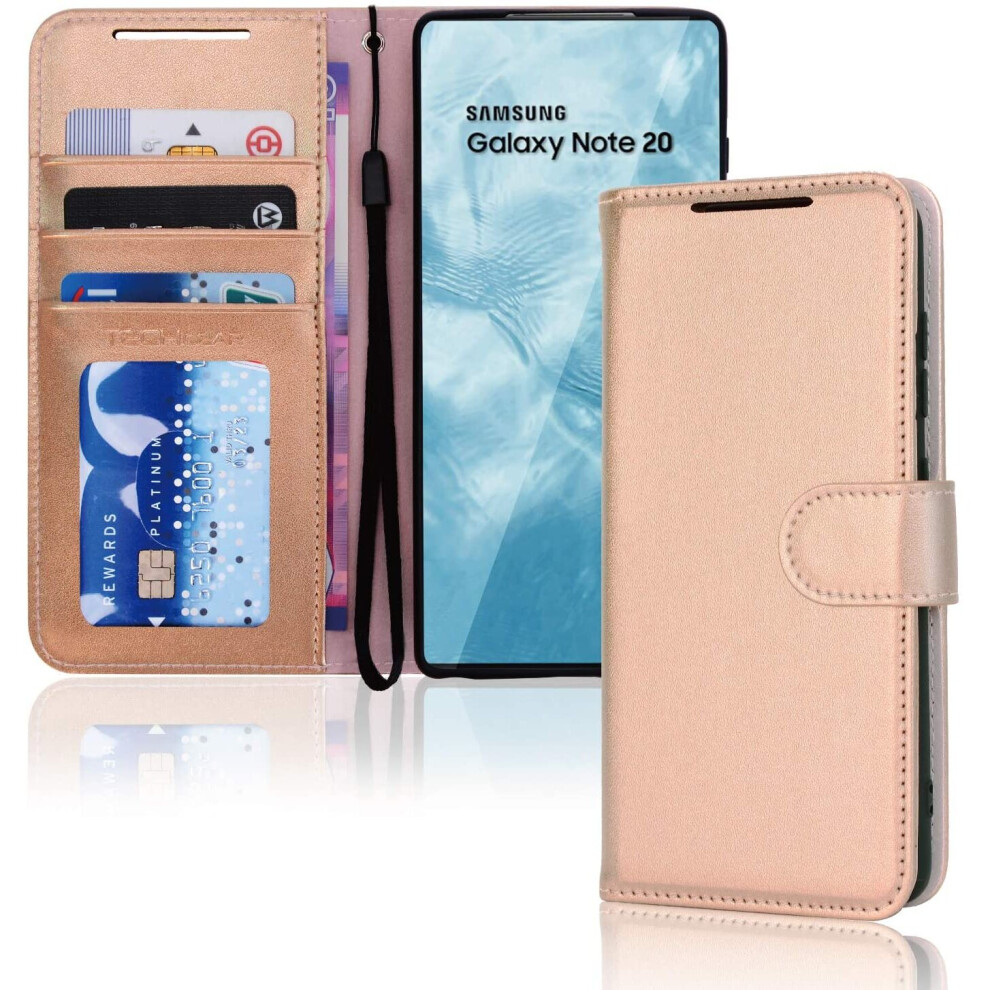 TECHGEAR Galaxy Note 20 Leather Wallet Case, Flip Protect Case Cover with Wallet Card Holder, Stand and Wrist Strap - Rose Gold...