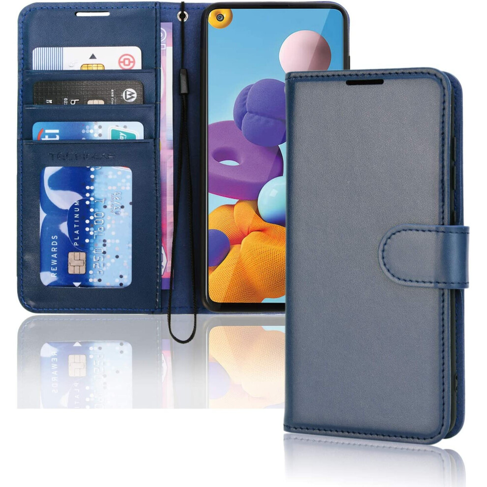 Techgear Galaxy A21s Leather Wallet Case - Navy Blue, Flip Cover With 3 Card Slots + Money Pocket, Stand & Wrist Strap, Magnetic Closure - Hj8u