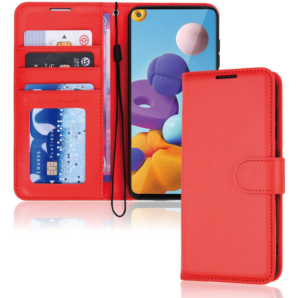 Techgear Galaxy A21s Leather Wallet Case, Flip Protective Case Cover With Wallet Card Holder, Stand And Wrist Strap - Red Pu...