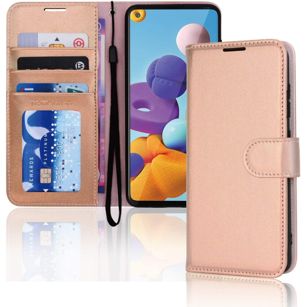 TECHGEAR Galaxy A21s Leather Wallet Case, Flip Protective Case Cover with Wallet Card Holder, Stand and Wrist Strap - Rose Gold...