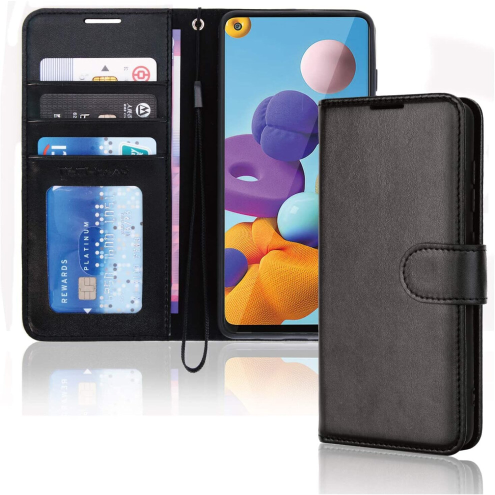 Techgear Galaxy A21s Leather Wallet Case, Flip Protective Case Cover With Wallet Card Holder, Stand And Wrist Strap - Black Pu...