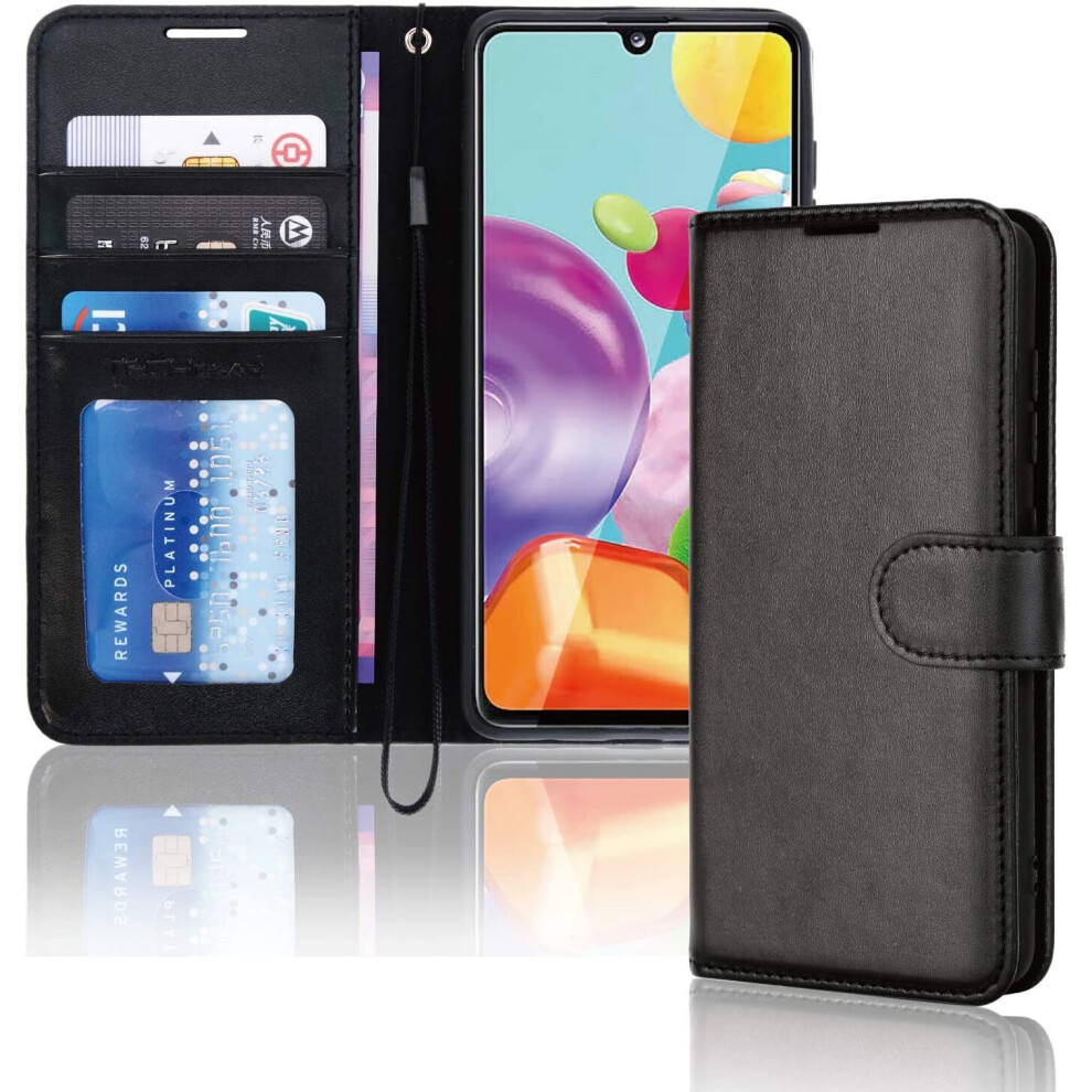 Techgear Galaxy A41 Leather Wallet Case, Flip Protective Case Cover With Wallet Card Holder, Stand And Wrist Strap - Black Pu...