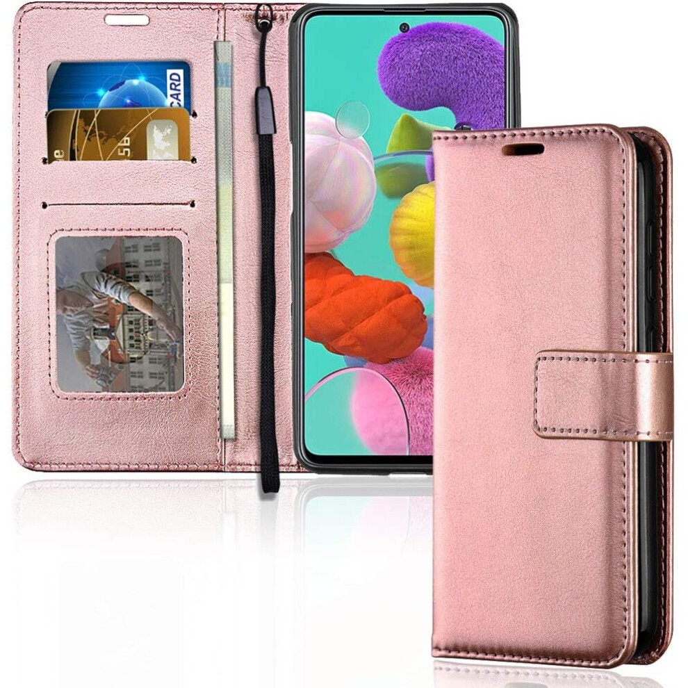 TECHGEAR Galaxy A51 Leather Wallet Case, Flip Protective Case Cover with Card Slots, Kickstand and Wrist Strap - Rose Gold PU...