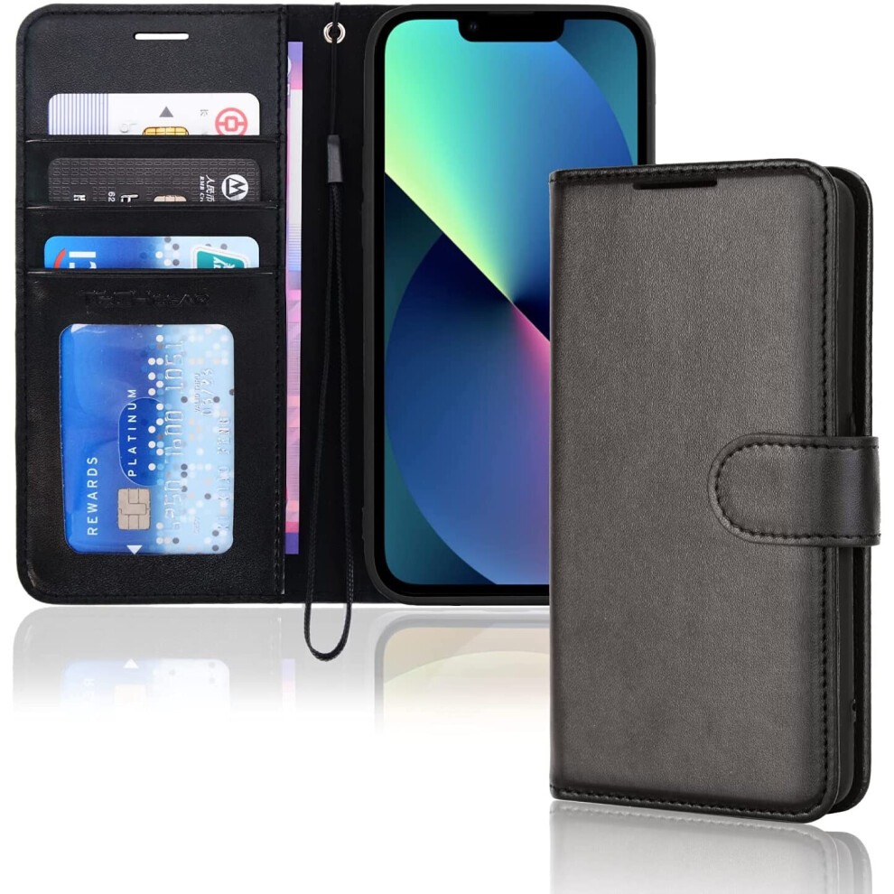 TECHGEAR iPhone 13 Leather Wallet Case, Flip Protective Case Cover with Wallet Card Holder, Stand and Wrist Strap - Black PU...