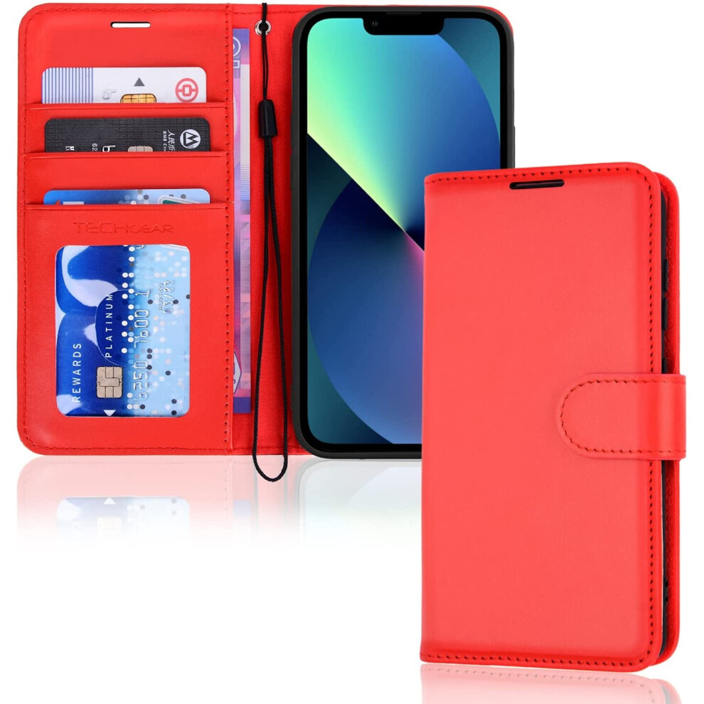 TECHGEAR iPhone 13 Leather Wallet Case, Flip Protective Case Cover with Wallet Card Holder, Stand and Wrist Strap - Red PU...