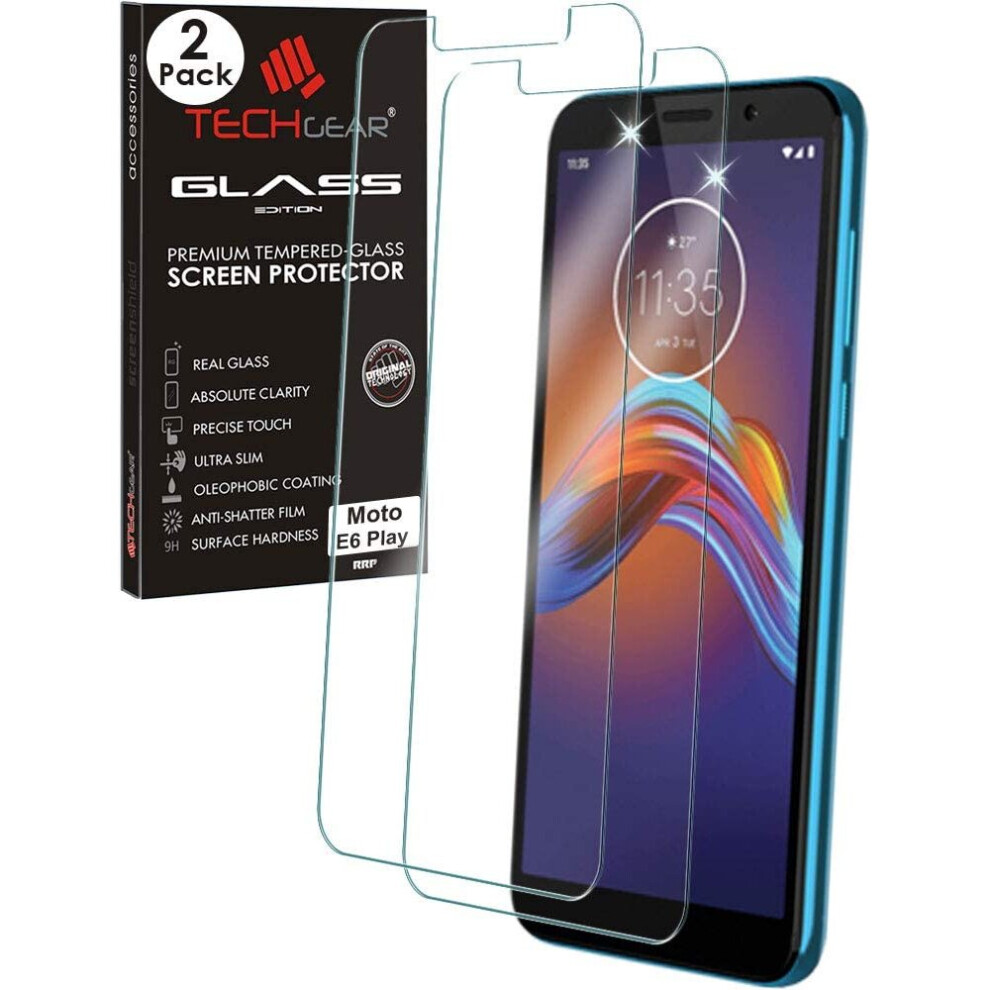 TECHGEAR [2 Pack GLASS Edition for Motorola Moto E6 Play, Genuine Tempered Glass Screen Protectors Covers [2.5D Round Edge] [9H...