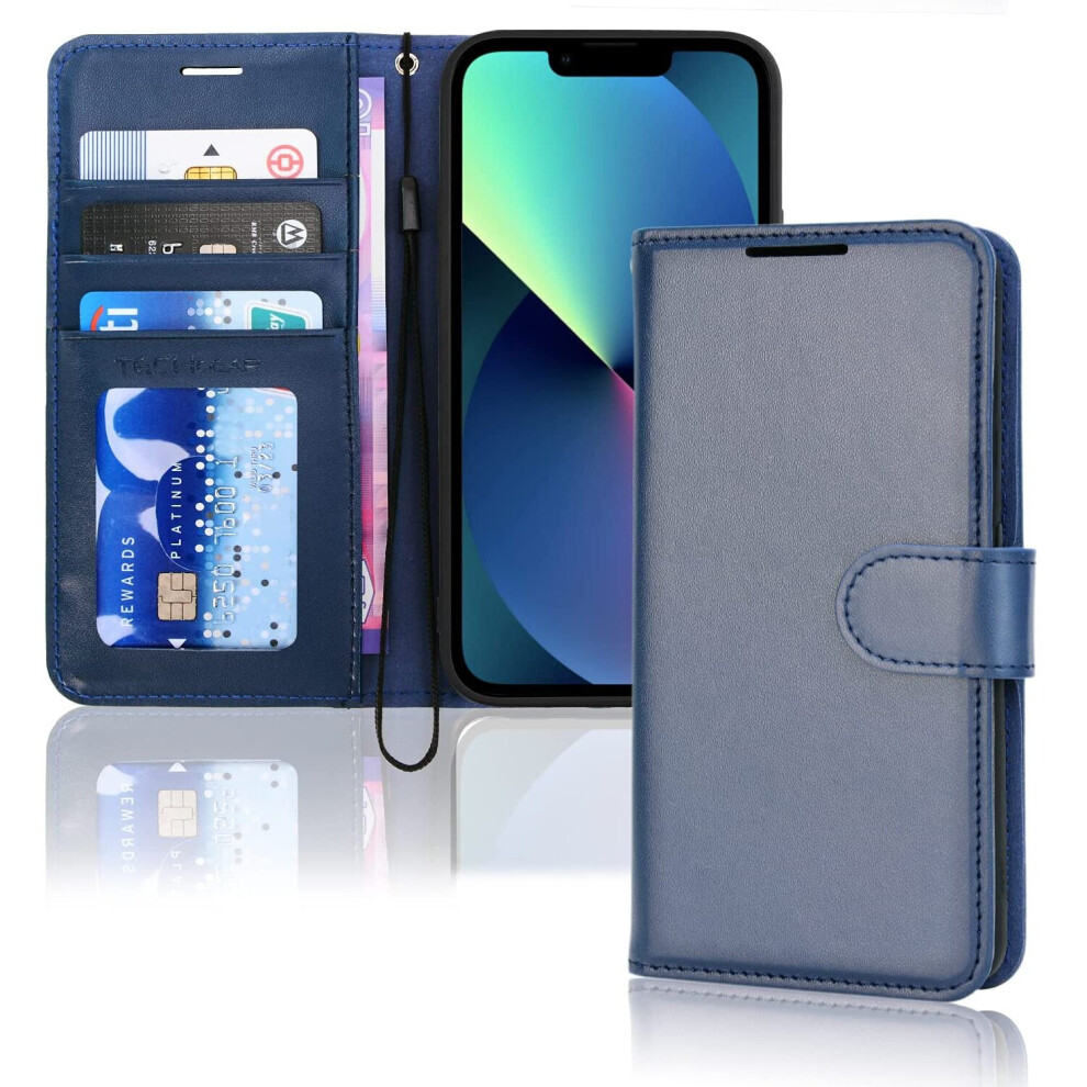 TECHGEAR iPhone 13 Leather Wallet Case, Flip Protective Case Cover with Wallet Card Holder, Stand and Wrist Strap - Blue PU...