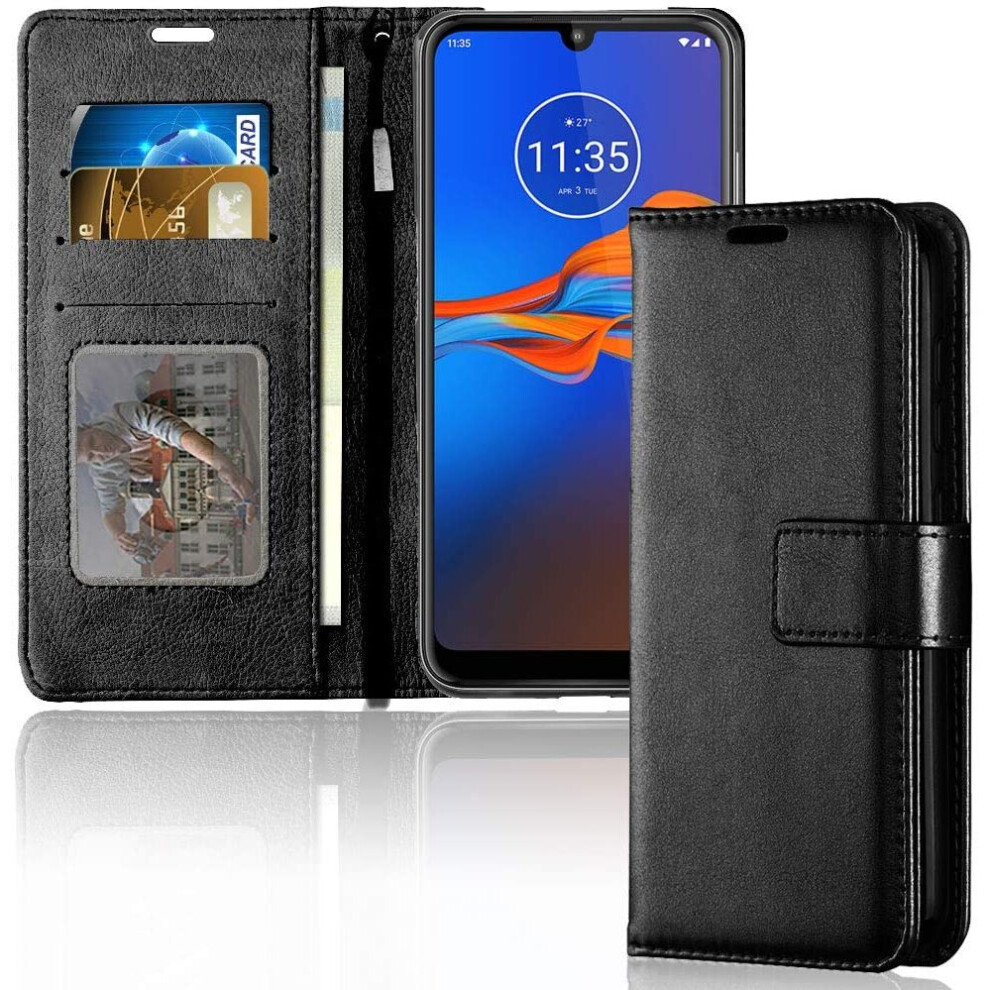 TECHGEAR Moto E6 Plus Case, Leather Wallet Flip Protective Case Cover with Card Slots, Kickstand and Wrist Strap - Black PU...