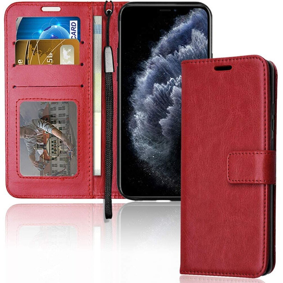 TECHGEAR iPhone 11 Pro Max Leather Wallet Case - Protective Flip Cover with Card Slots, Kickstand and Wrist Strap, Red PU...