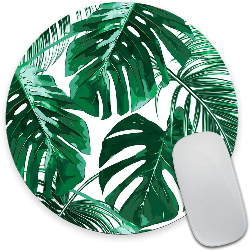 Wasach Tropical Leaf Mousepad - Mat - Beautiful Design - Leaves With Background - Round Mouse Pad Green/White 4876573695075