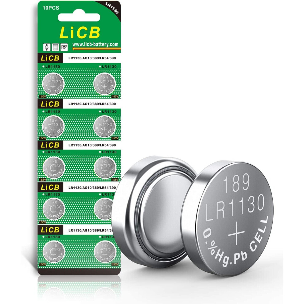 LiCB 10 PCS LR1130 AG10 SR1130 LR54 Battery 1.5V Button Coin Cell Batteries,Used in Many Small Electronics, Watch, Calculators,...