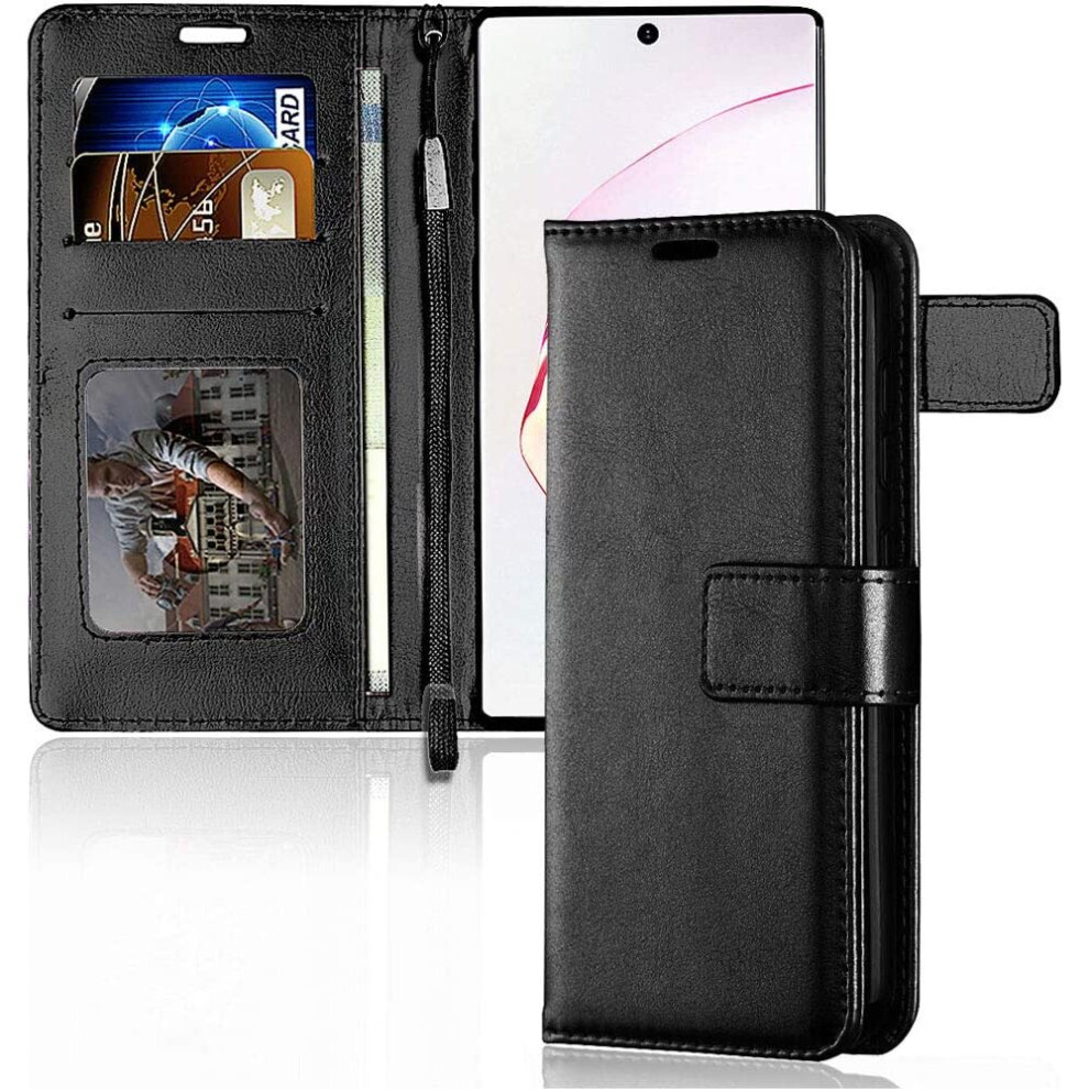 TECHGEAR Galaxy Note 10 Leather Wallet Case, Flip Protective Case Cover with Card Slots, Kickstand and Wrist Strap - Black PU...