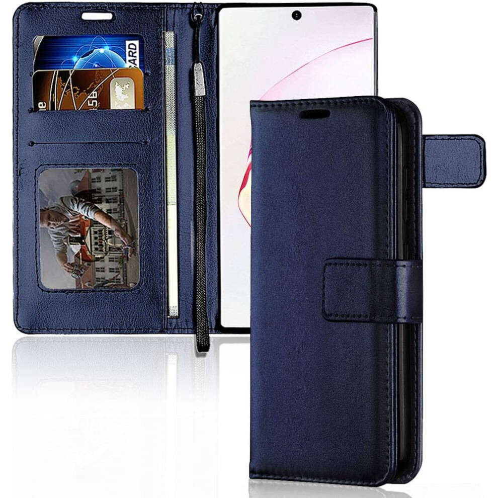 TECHGEAR Galaxy Note 10 Leather Wallet Case, Flip Protective Case Cover with Card Slots, Kickstand and Wrist Strap - Blue PU...