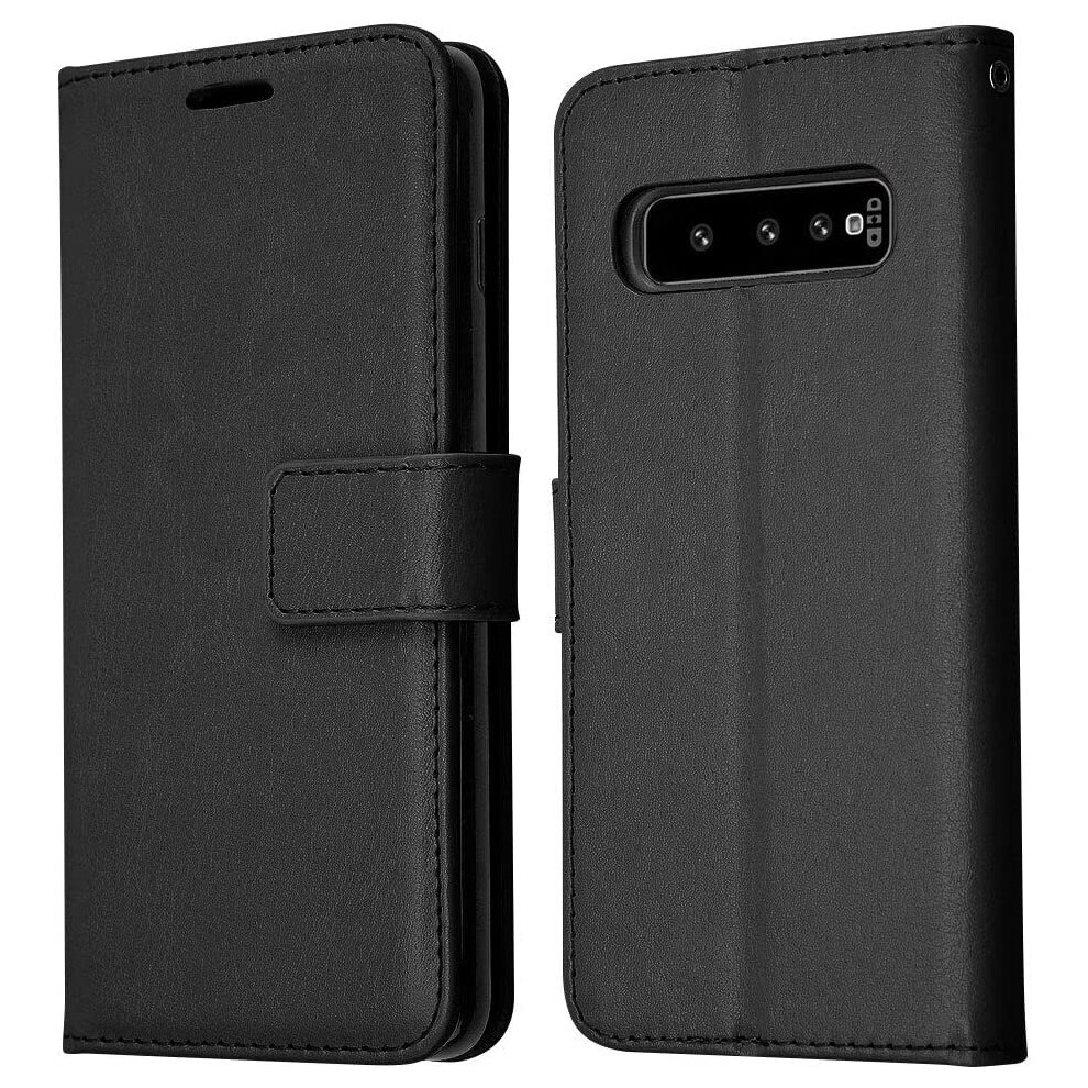 Techgear Galaxy S10 Plus Leather Wallet Case, Flip Protective Case Cover With Card Slots, Kickstand And Wrist Strap - Black Pu...