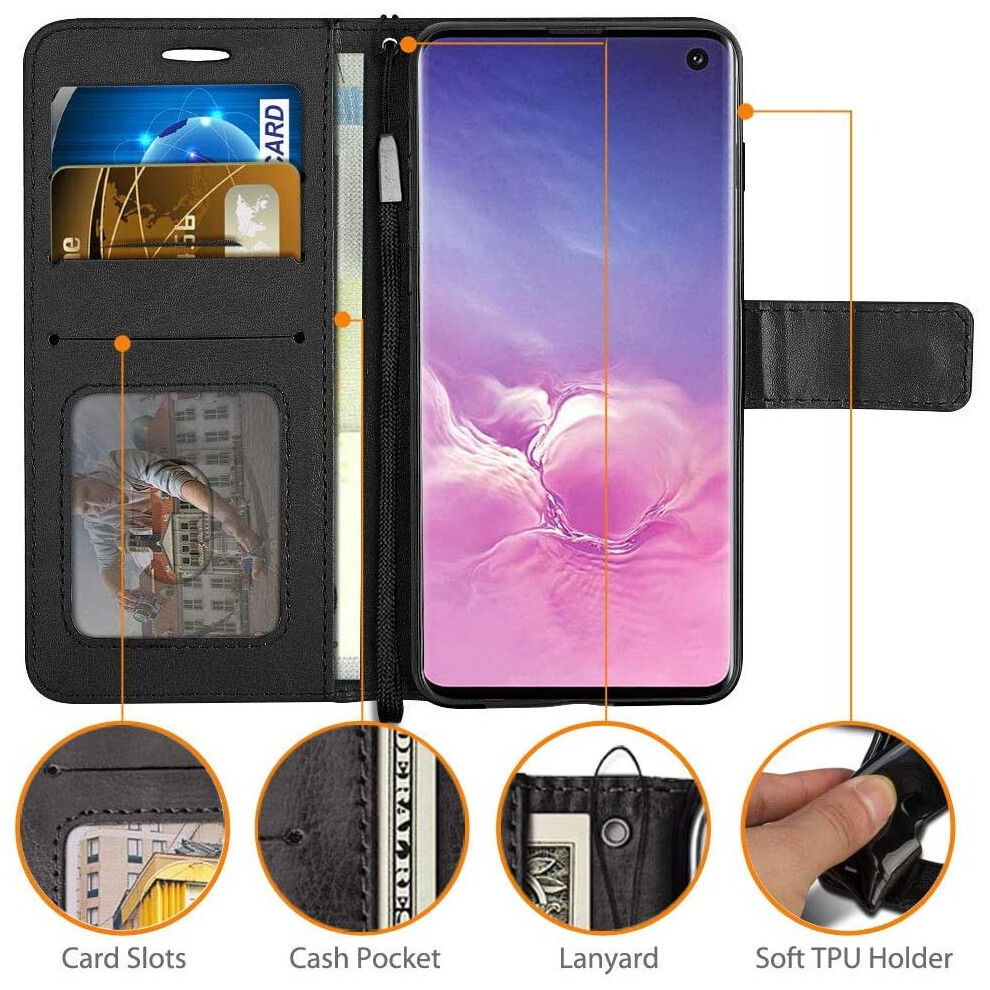 techgear-galaxy-s10-leather-wallet-case--flip-protective-case-cover-with-card-slots--kickstand-and-wrist-strap---black-pu