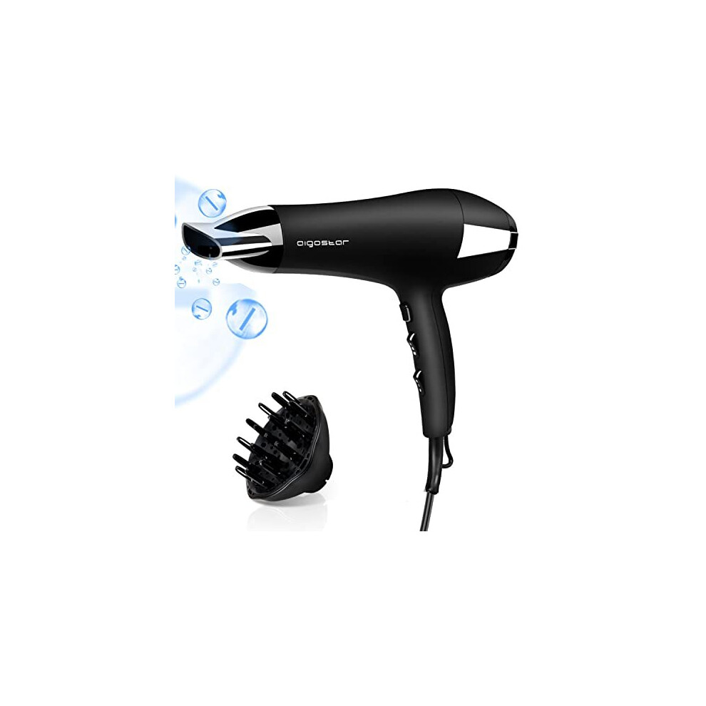 Aigostar 2400W Powerful Ionic Hair Dryer, Professional Negative Ions Hairdryer With Diffuser And Nozzle, 3 Heating, 2 Speeds And Cool Shot Button
