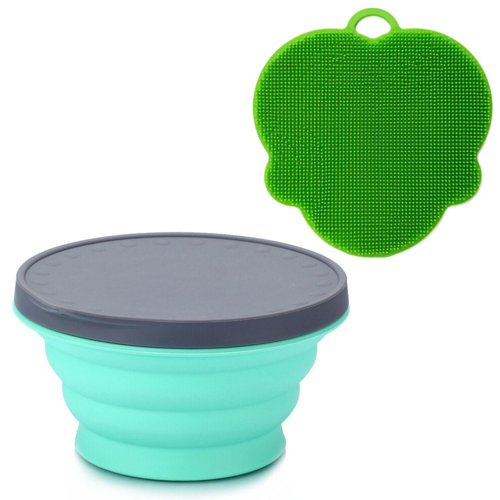 (Light Green) Silicone Collapsible Portable Bowl Expandable with Lid and Dish Sponge for Travel Camping Hiking