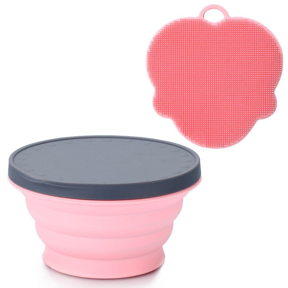 (Pink) Silicone Collapsible Portable Bowl Expandable with Lid and Dish Sponge for Travel Camping Hiking