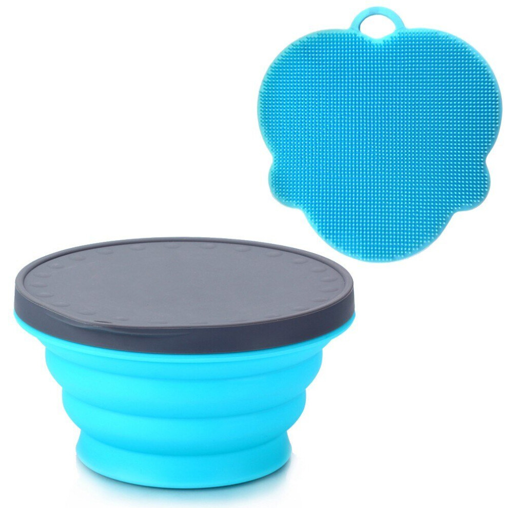 (Blue) Silicone Collapsible Portable Bowl Expandable with Lid and Dish Sponge for Travel Camping Hiking