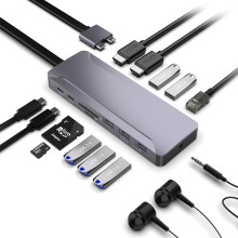 13-In-2 USB Type-C Hub Docking Station Adapter With Dual HDMI Display RJ45 Port 100W USB-C PD3.0 USB-C Data Transfer Port 3.5mm Audio Jack