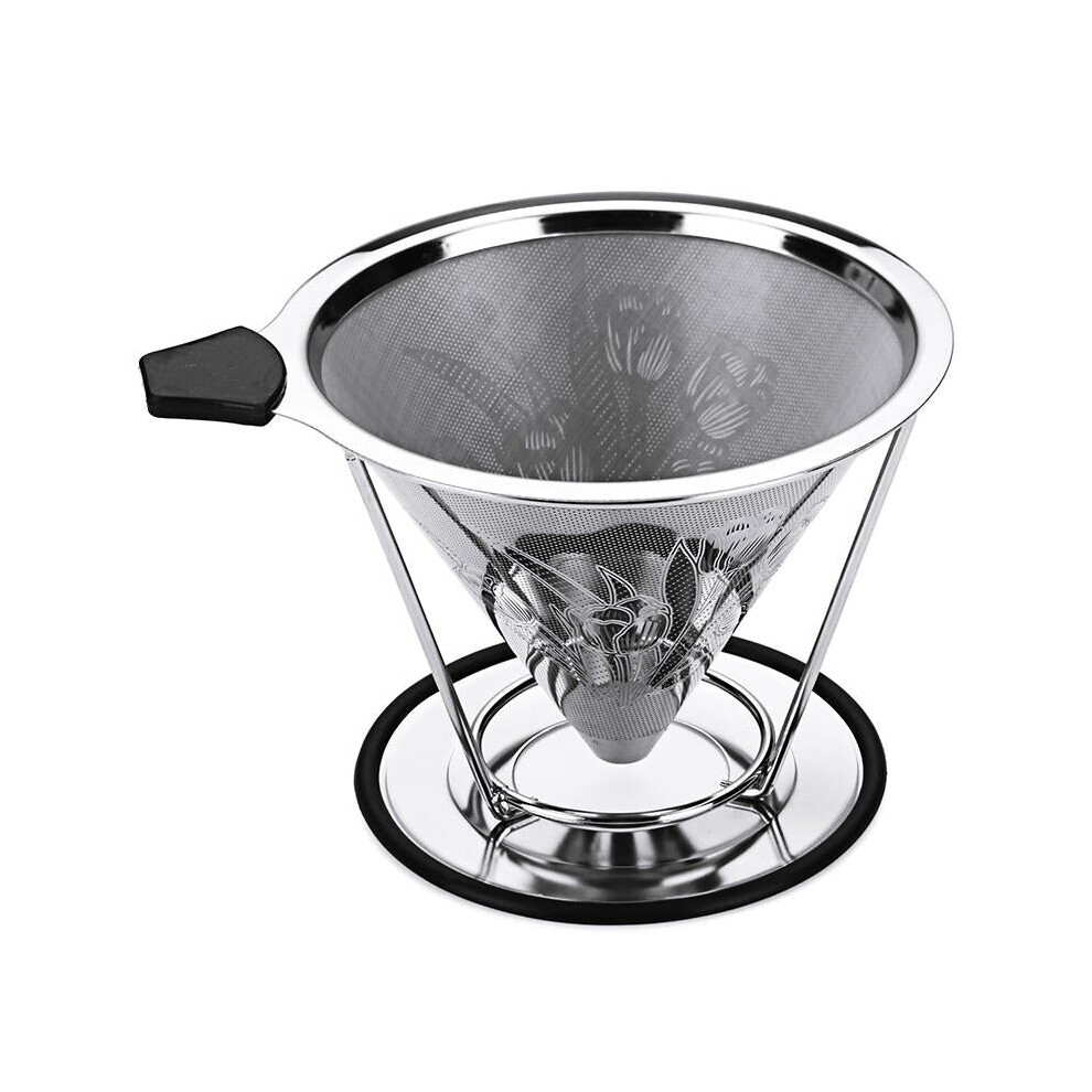 Stainless Steel Pour Over Coffee Dripper Flower Pattern Paperless Reusable Double Mesh Cone Filter