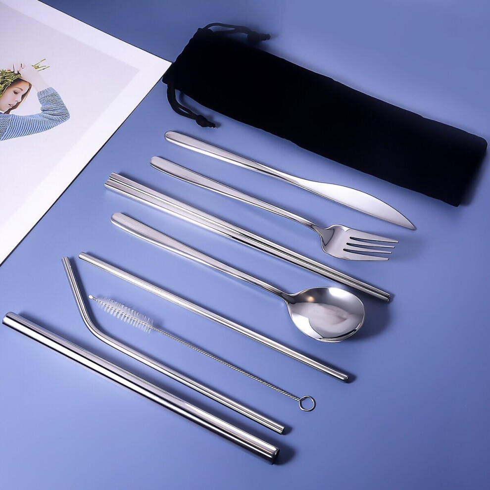 (Silver) 9pcs Titanium-Plated 304 Stainless Steel Cutlery Set Knife Fork Spoon Chopsticks Straw