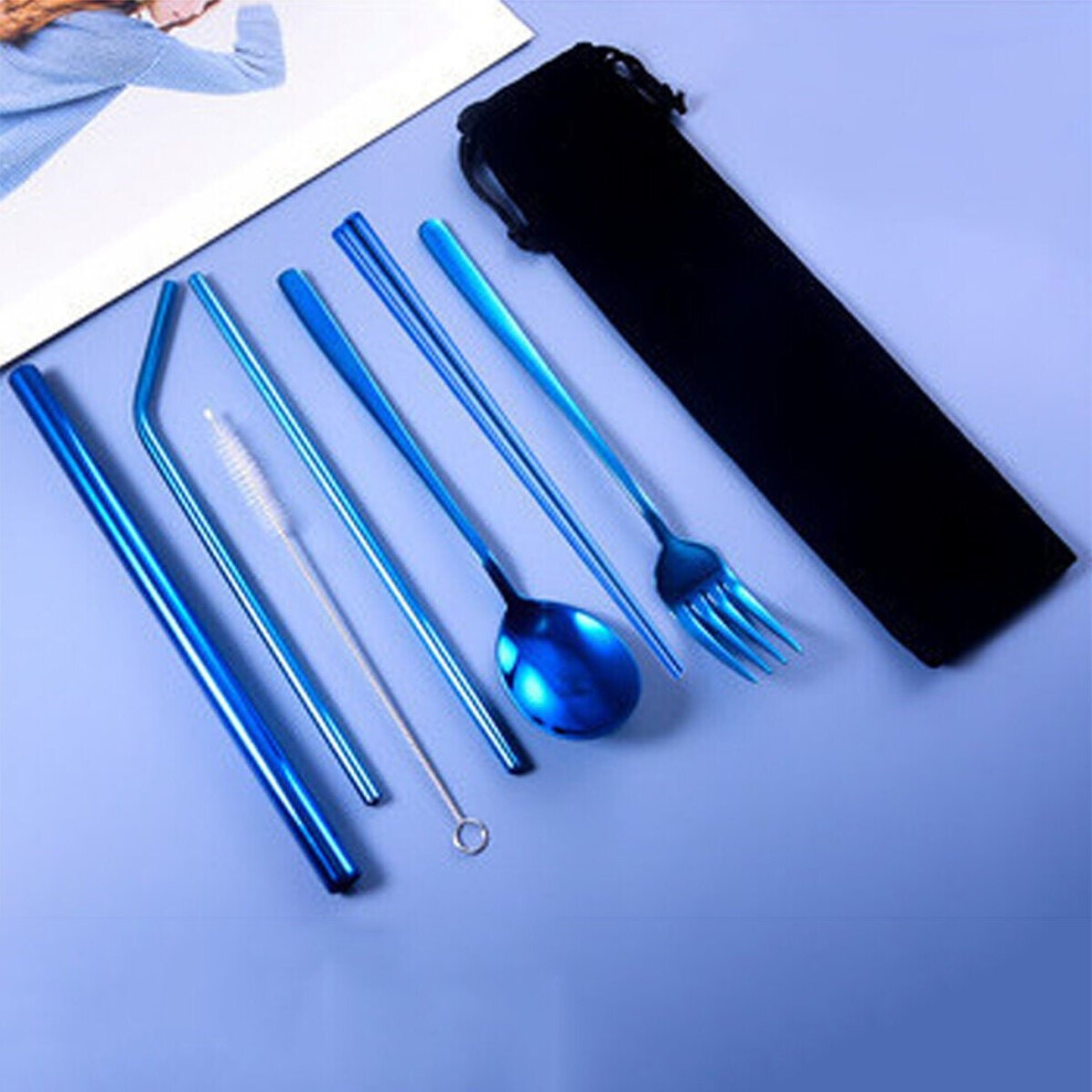 (Blue) 9pcs Titanium-Plated 304 Stainless Steel Cutlery Set Knife Fork Spoon Chopsticks Straw