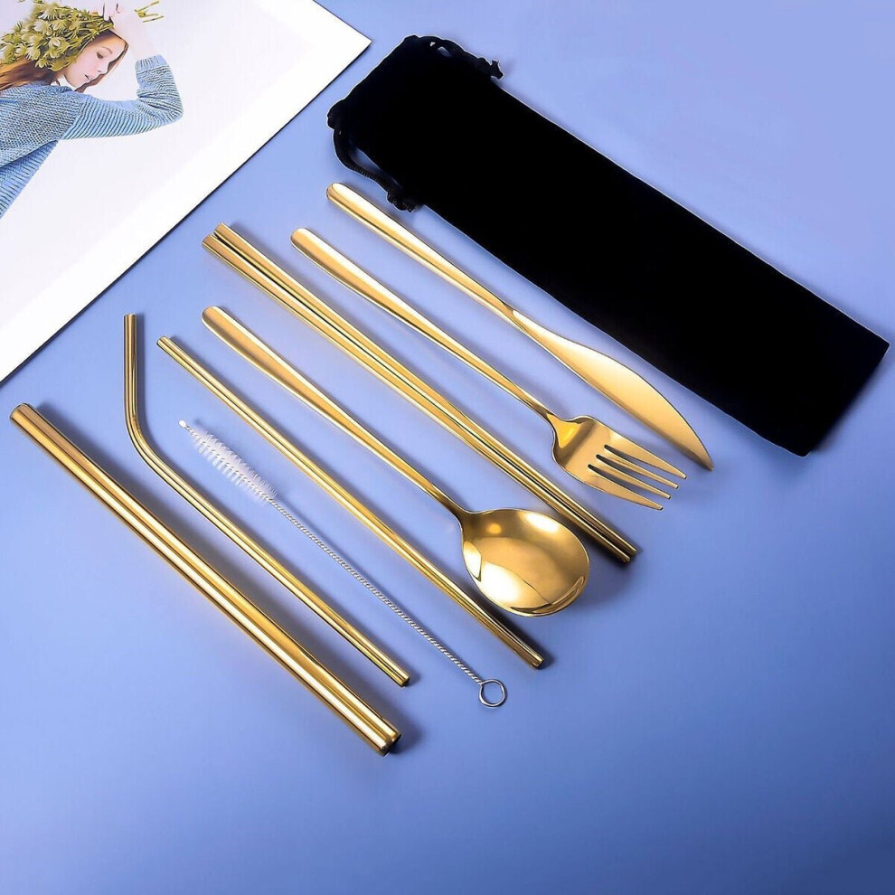 (Gold) 9pcs Titanium-Plated 304 Stainless Steel Cutlery Set Knife Fork Spoon Chopsticks Straw