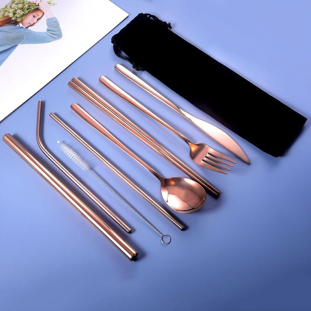 (Rose Gold) 9pcs Titanium-Plated 304 Stainless Steel Cutlery Set Knife Fork Spoon Chopsticks Straw