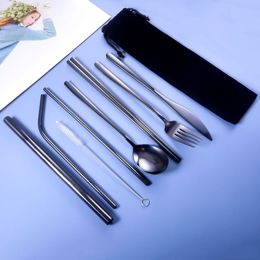 (Black) 9pcs Titanium-Plated 304 Stainless Steel Cutlery Set Knife Fork Spoon Chopsticks Straw