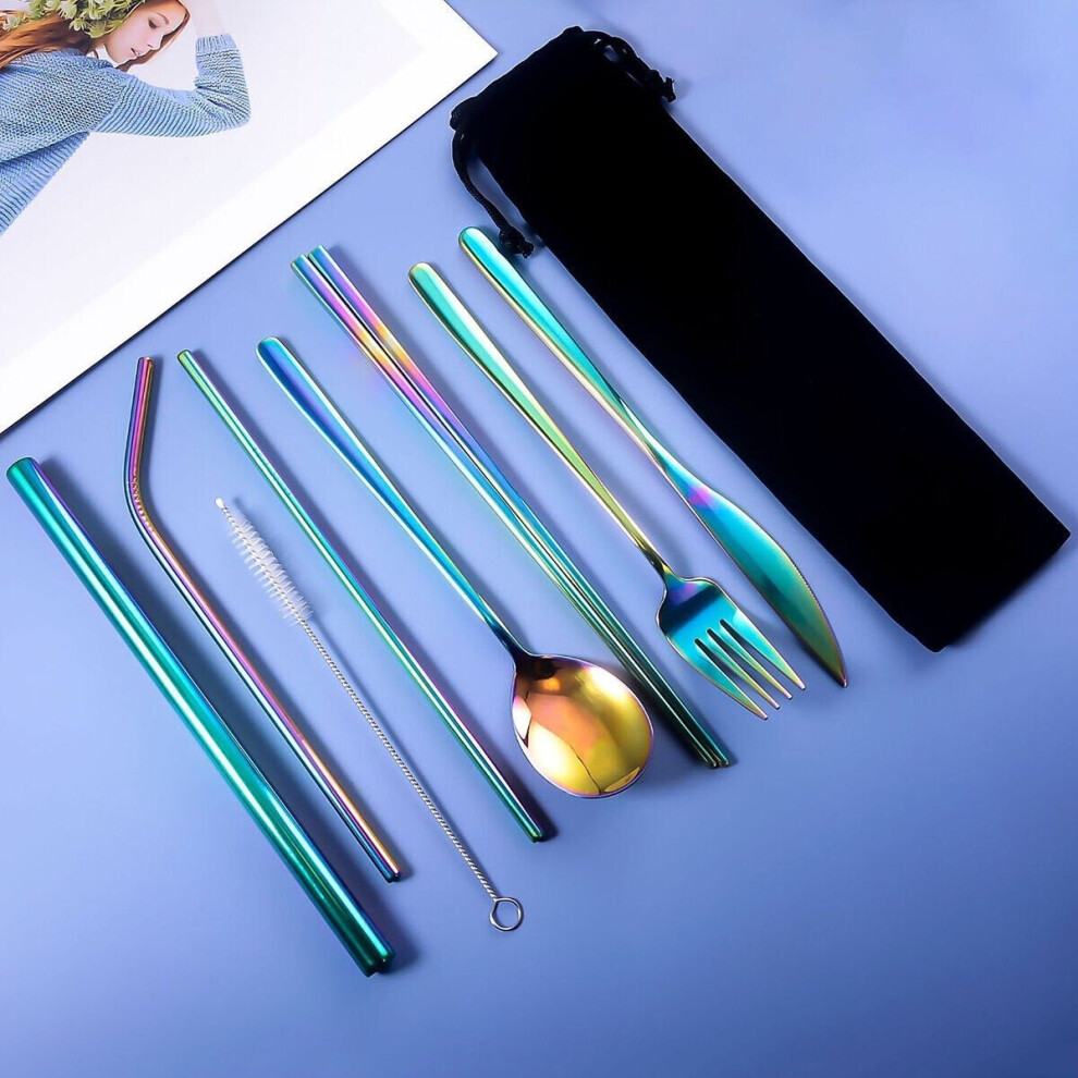 (Colorful) 9pcs Titanium-Plated 304 Stainless Steel Cutlery Set Knife Fork Spoon Chopsticks Straw