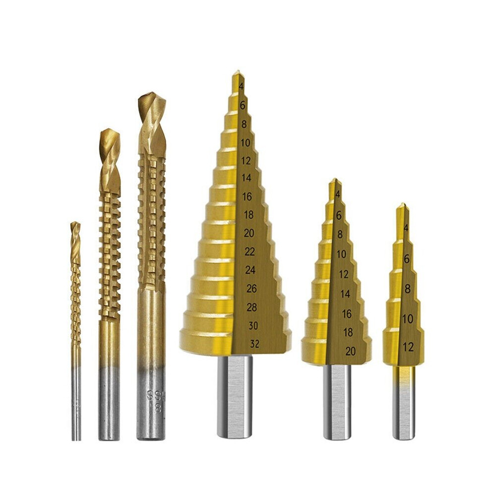 () 6pcs Step Drill Bits Woodworking Broaching Saw Drill Set HSS 4241 Titanium-plated Step Drill for Metal Wood