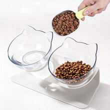 Raised Cat Bowl with Stand - Tilted Double BPA-Free Transparent Bowls, Adjustable 7-10cm, Anti-Vomiting, Non-Slip, Dishwasher Safe for Cats & Kittens