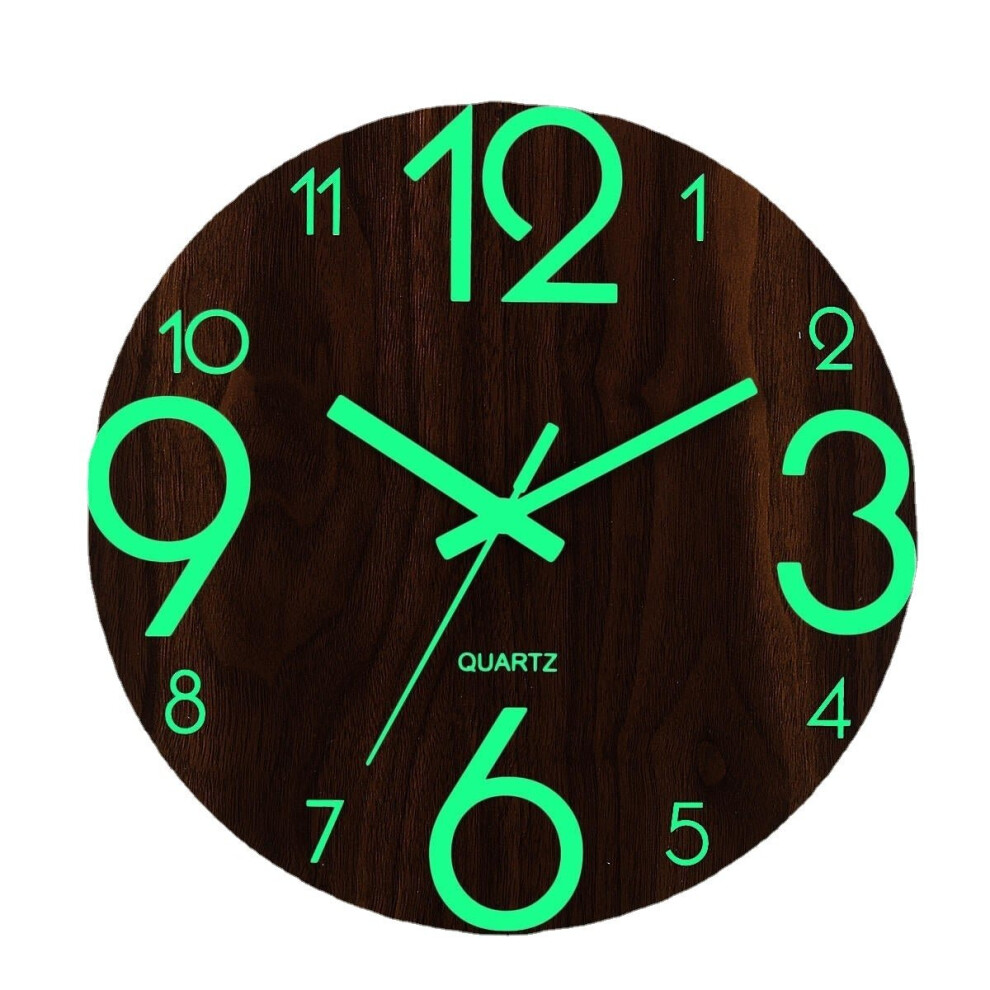 12" Luminous Wall Clock Quartz Wooden Silent Non Ticking Dark Home Room Decor