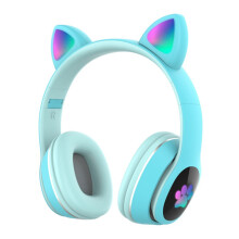 (Blue) Over Ear Music Wireless Headset Glowing Cat Headphones 7 Color Breathing Lights