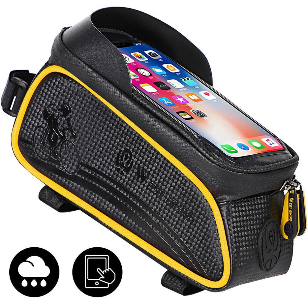 (Yellow) MTB Road Cycling Waterproof Top Tube Bag Touch Screen Bicycle Front Frame Pannier