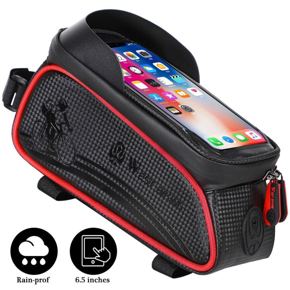 (Red) MTB Road Cycling Waterproof Top Tube Bag Touch Screen Bicycle Front Frame Pannier