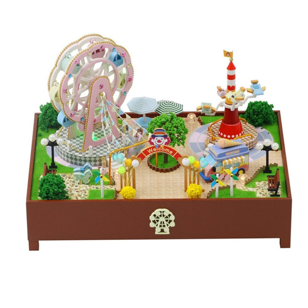 Ferris Wheel Amusement Park DIY 3D Hand-assembled Doll House Miniature Furniture Kit with LED Lights Music Rotating Puzzle Toy