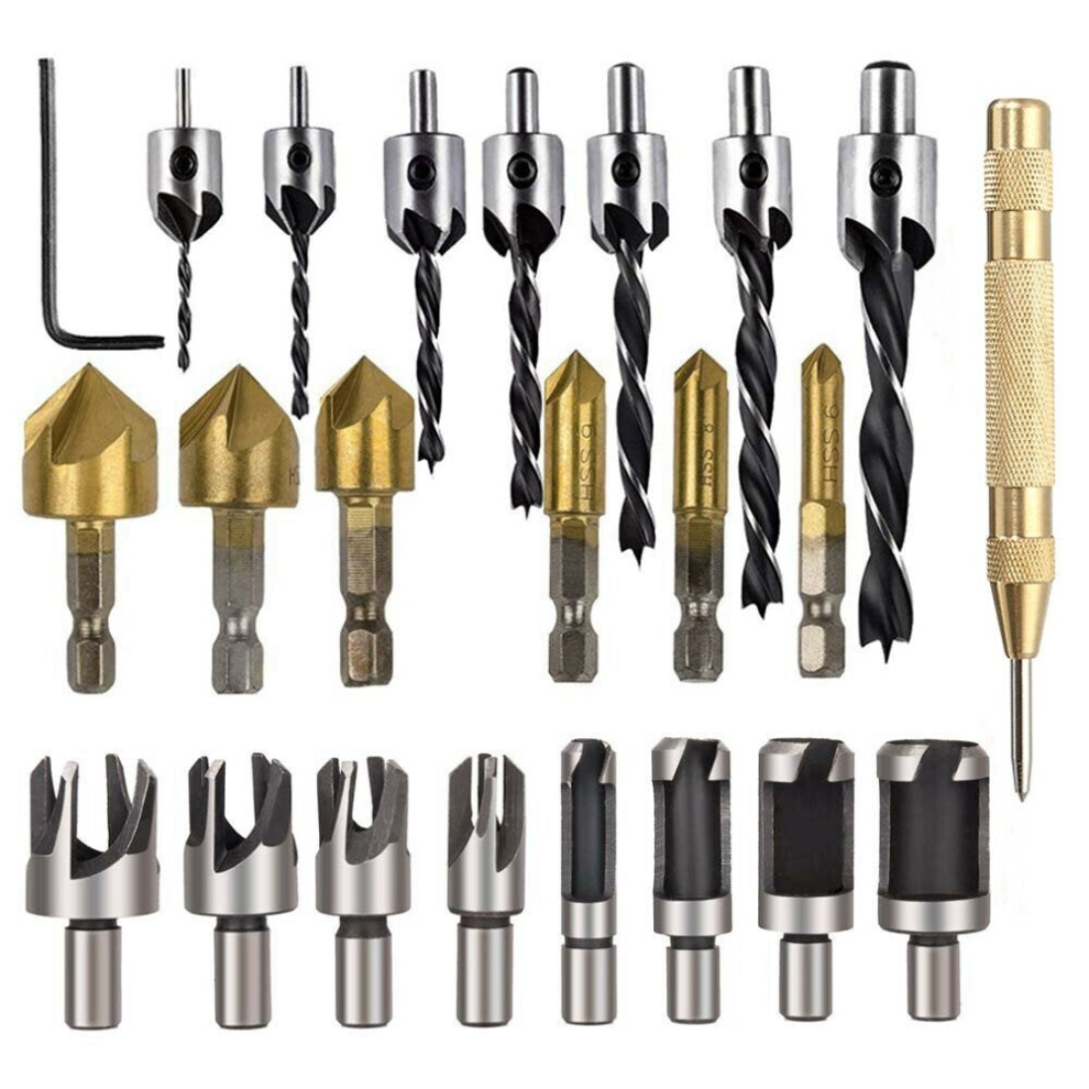 23Pcs Chamfer Countersink Drill Bit Set 6Pcs Hexagon 5 Flute Countersink 7Pcs Three Pointed Countersink Drill Bit 8Pcs Wood Plug Cutter