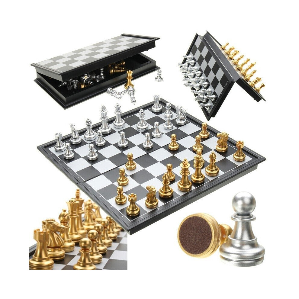 Chess Game Silver Gold Pieces Folding Magnetic Foldable Board Contemporary Set