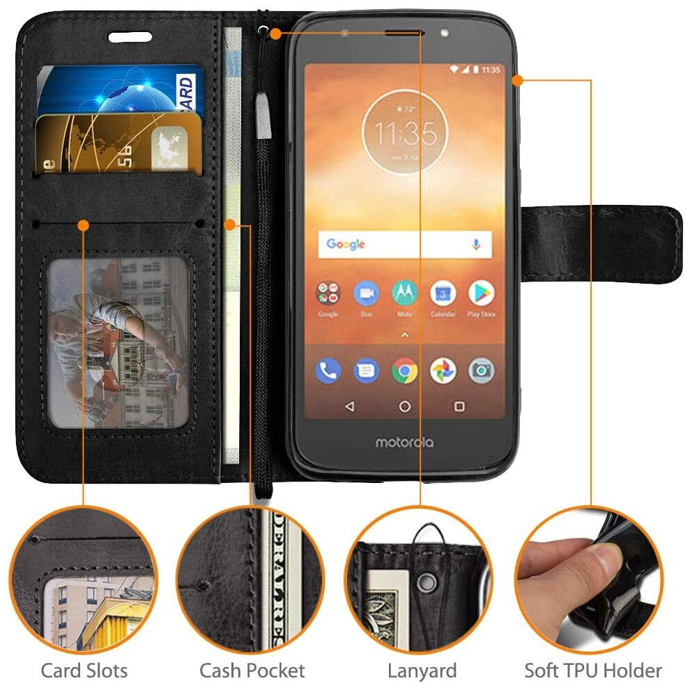 techgear-moto-e5-play-case---leather-wallet-flip-protective-case-cover-with-card-slots--kickstand-and-wrist-strap---black-pu