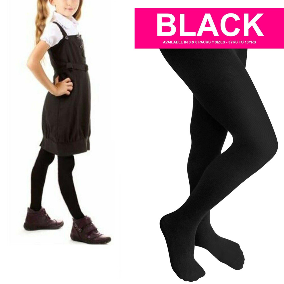 (Black, 3-4 Years) 3 Pack Girls Tights School Super Soft Cotton Rich Back 2 School Age 3 -13 Years