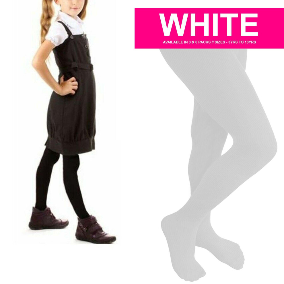 (White, 7-8 Years) 3 Pack Girls Tights School Super Soft Cotton Rich Back 2 School Age 3 -13 Years