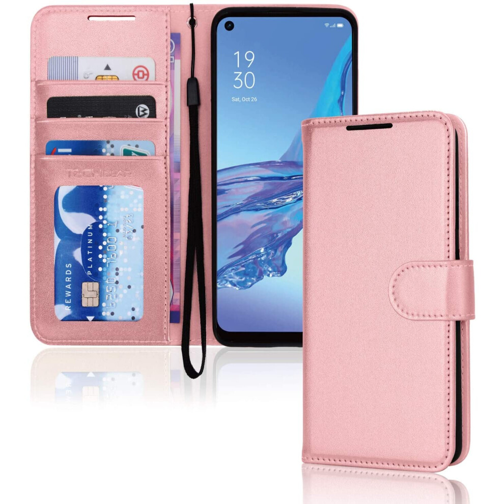 TECHGEAR Leather Wallet Case for Oppo A53 / A32, Flip Protective Case Cover with Wallet Card Holder, Stand & Wrist Strap, Rose...