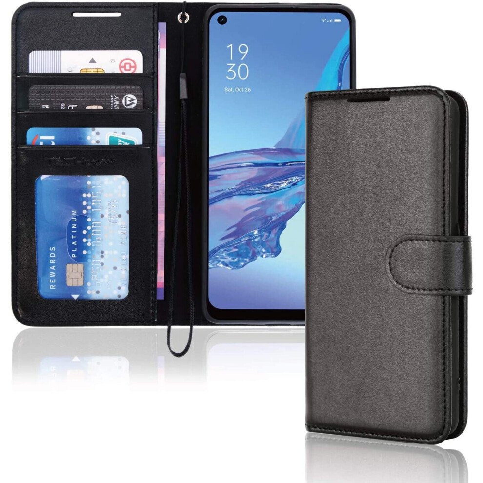 TECHGEAR Leather Wallet Case for Oppo A53 / A32, Flip Protective Case Cover with Wallet Card Holder, Stand & Wrist Strap -...