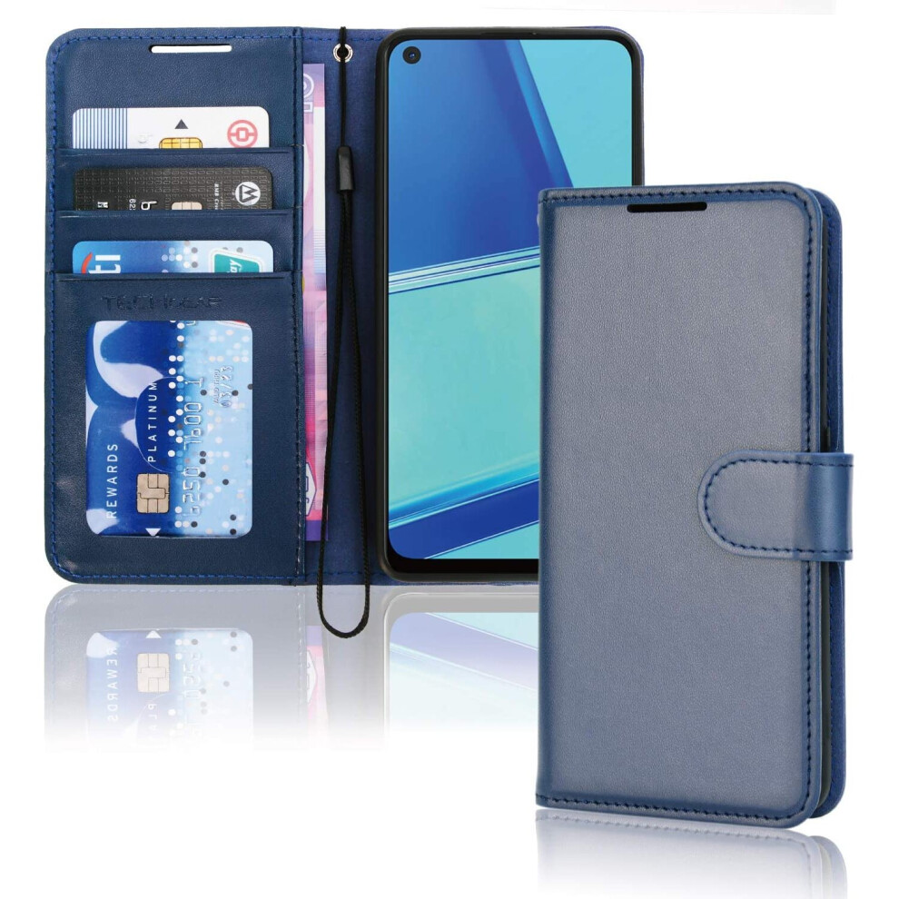 Techgear Leather Wallet Case For Oppo A72 / A52 / A92, Flip Protective Case Cover With Wallet Card Holder, Stand & Wrist Strap... Blue