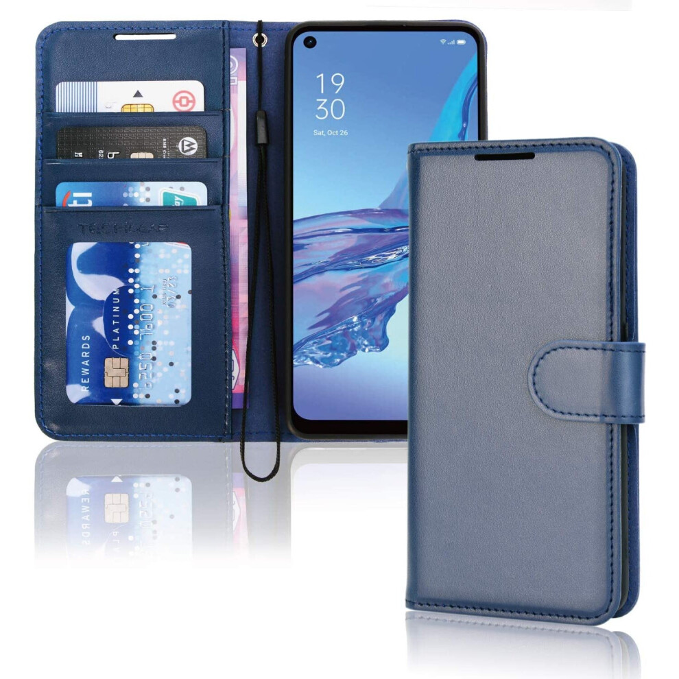 TECHGEAR Leather Wallet Case for Oppo A53 / A32, Flip Protective Case Cover with Wallet Card Holder, Stand & Wrist Strap - Blue...